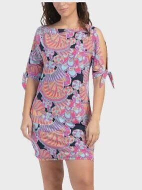 Trina Turk mini dress Size Medium Vinet Quarter Tie Sleeve pink blue NEW $178